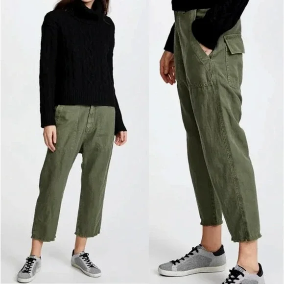 Nili Lotan 00 Slouchy Linen $380 Luna Pants Drop Crotch Cropped Army Green 0 2 4 - Picture 1 of 11